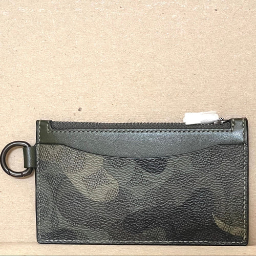 Coach Zip Card Case Camo Wallet Green Leather Expandable CZ010 D Ring ORGPKG