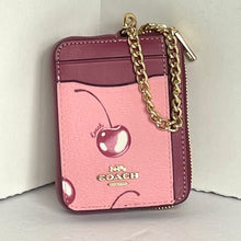 Load image into Gallery viewer, Coach Zip Card Case Cherry Print CR832 ID Wallet Pink Canvas Leather Chain Strap