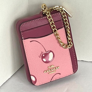 Coach Zip Card Case Cherry Print CR832 ID Wallet Pink Canvas Leather Chain Strap