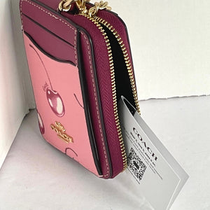 Coach Zip Card Case Cherry Print CR832 ID Wallet Pink Canvas Leather Chain Strap