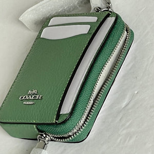 Coach Zip Card Case ID Wallet Pebbled Leather 6303 Soft Green Silver Mini