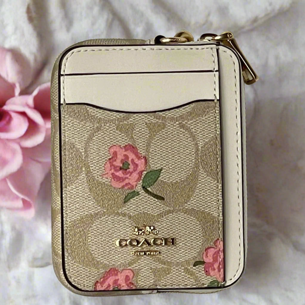 Coach Zip Card Case Pink Floral CR971 ID Wallet Beige Canvas