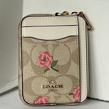 Load image into Gallery viewer, Coach Zip Card Case Pink Floral CR971 ID Wallet Beige Canvas Leather Chain Strap