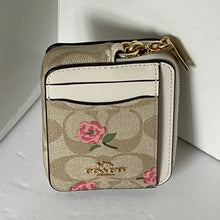 Load image into Gallery viewer, Coach Zip Card Case Pink Floral CR971 ID Wallet Beige Canvas Leather Chain Strap