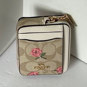 Coach Zip Card Case Pink Floral CR971 ID Wallet Beige Canvas Leather Chain Strap