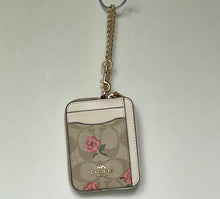 Load image into Gallery viewer, Coach Zip Card Case Pink Floral CR971 ID Wallet Beige Canvas Leather Chain Strap