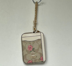 Coach Zip Card Case Pink Floral CR971 ID Wallet Beige Canvas Leather Chain Strap