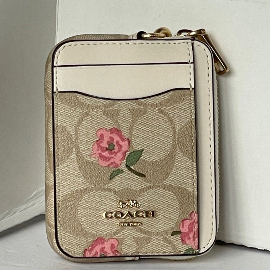 Coach Zip Card Case Pink Floral CR971 ID Wallet Beige Canvas Leather Chain Strap