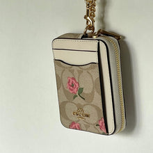 Load image into Gallery viewer, Coach Zip Card Case Pink Floral CR971 ID Wallet Beige Canvas Leather Chain Strap