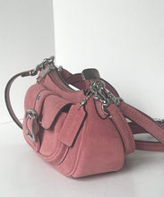 Load image into Gallery viewer, A dusty rose pink suede shoulder bag with silver-tone hardware, shown on a plain white background.