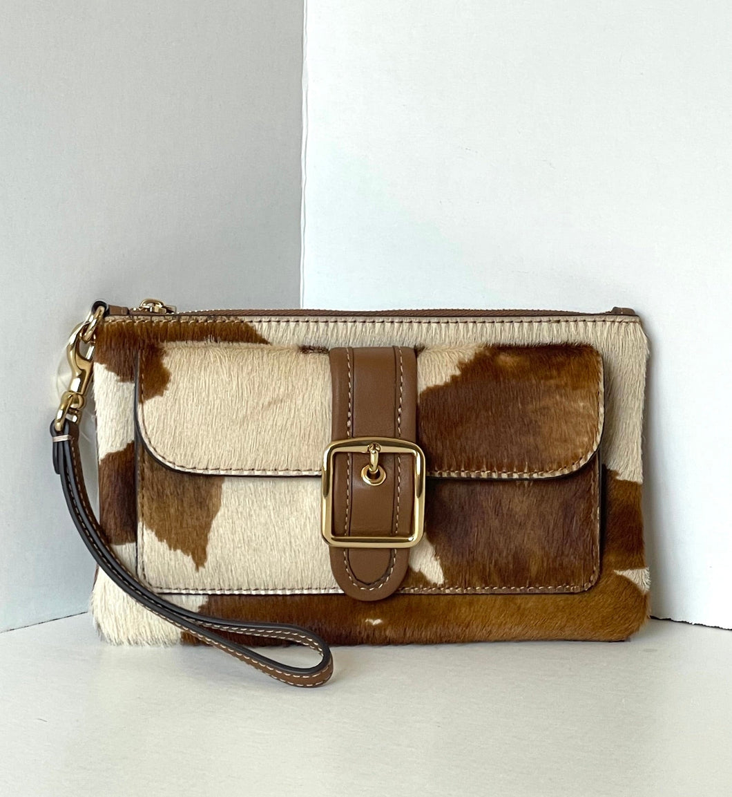 Coach Ashton Wristlet CDY07 Haircalf Cow Print Leather Clutch Brown