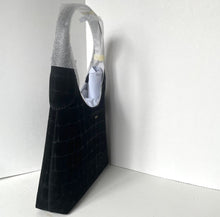 Load image into Gallery viewer, Black textured handbag with a glittery handle on a white background