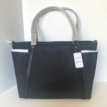 Load image into Gallery viewer, Black tote bag with gray handles on a white background