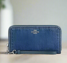 Load image into Gallery viewer, Coach CAO79 Long Zip Around Wallet Phone Wristlet Denim Silver Indigo ORGPKG