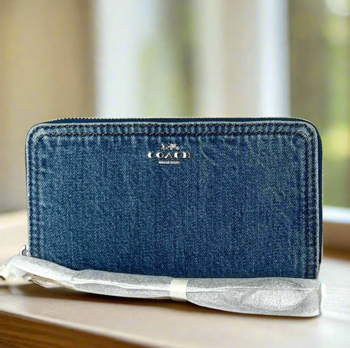 Coach CAO79 Long Zip Around Wallet Phone Wristlet Denim Silver Indigo ORGPKG