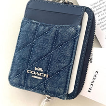 Load image into Gallery viewer, Coach CAR26 Quilted Zip Card Case Blue Denim Leather ID Wallet Chain Strap