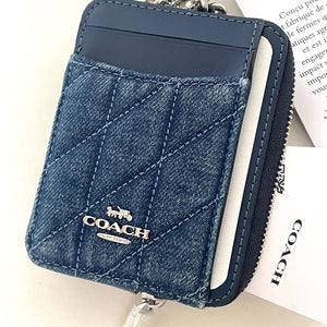 Coach CAR26 Quilted Zip Card Case Blue Denim Leather ID Wallet Chain Strap