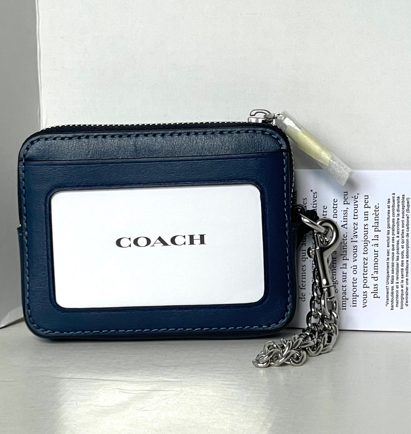 Coach CAR26 Quilted Zip Card Case Blue Denim Leather ID Chain ORG Coach CAR26 Quilted Zip Card Case Blue Denim Leather ID Chain ORG