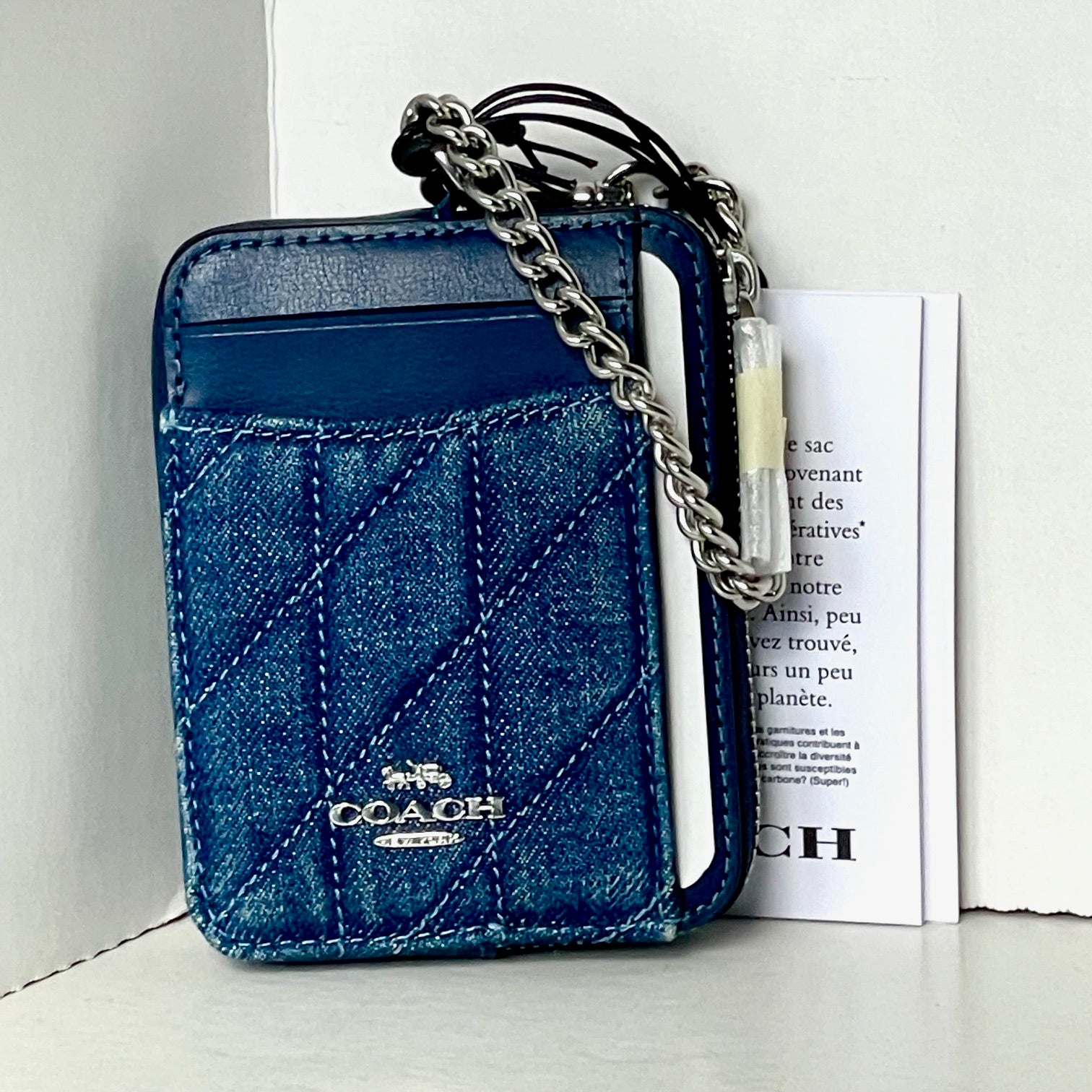 Coach CAR26 Quilted Zip Card Case Blue Denim Leather ID Chain ORG
