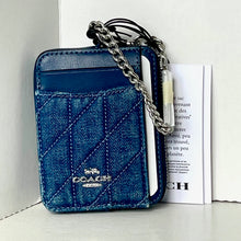 Load image into Gallery viewer, Coach CAR26 Quilted Zip Card Case Blue Denim Leather ID Wallet Chain Strap