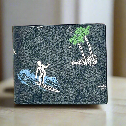 Black wallet with a surfer design on a white background
