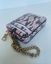 Load image into Gallery viewer, A pink and black leopard print zippered card holder wallet with a gold-tone chain strap and zipper pull, shown on a plain light background.