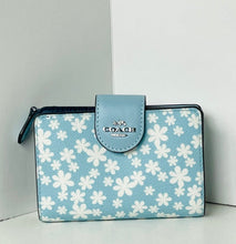 Load image into Gallery viewer, Coach CFA17 Medium Corner Zip Wallet Blue Silver Floral Print Compact Womens