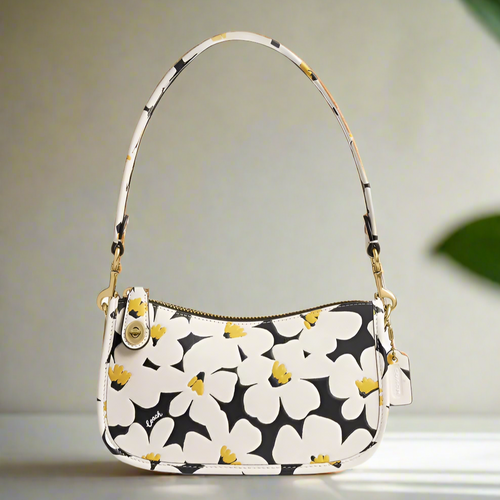 Coach Swinger Bag 20 Floral Daisy CR509  Leather Chalk Shoulder White Black