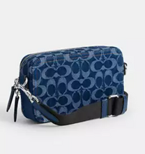 Load image into Gallery viewer, Blue patterned bag with a black strap on a white background