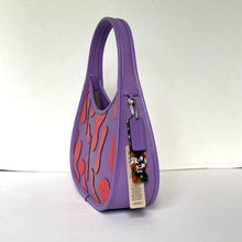 Load image into Gallery viewer, Purple handbag with red flame pattern on a white background