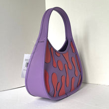Load image into Gallery viewer, Purple handbag with red flame pattern on a white background