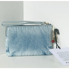 Load image into Gallery viewer, Coach Corner Zip Wristlet Blue Loved Denim Cherry Charms Small CEF82
