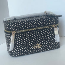 Load image into Gallery viewer, Polka dot cosmetic bag with gold zipper on a white background