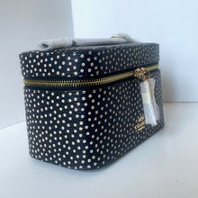 Load image into Gallery viewer, Polka dot fabric suitcase with gold zipper on a white background