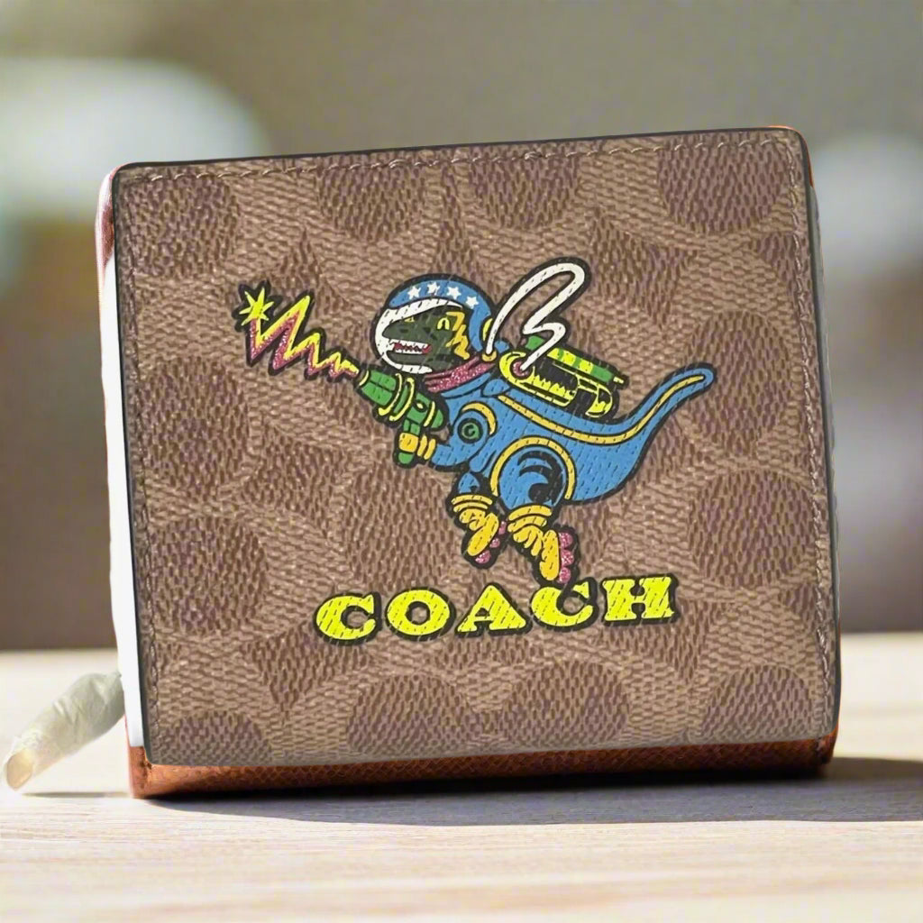 Coach Cosmic Snap Wallet Rexy Print Signature Canvas Brown ID Coin Zip CW463