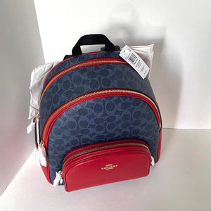 Blue and red backpack with a visible brand logo on a white background