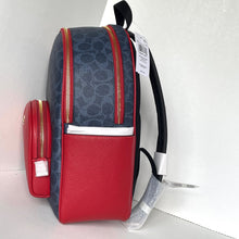 Load image into Gallery viewer, Backpack with red front pocket and blue back, on a white background
