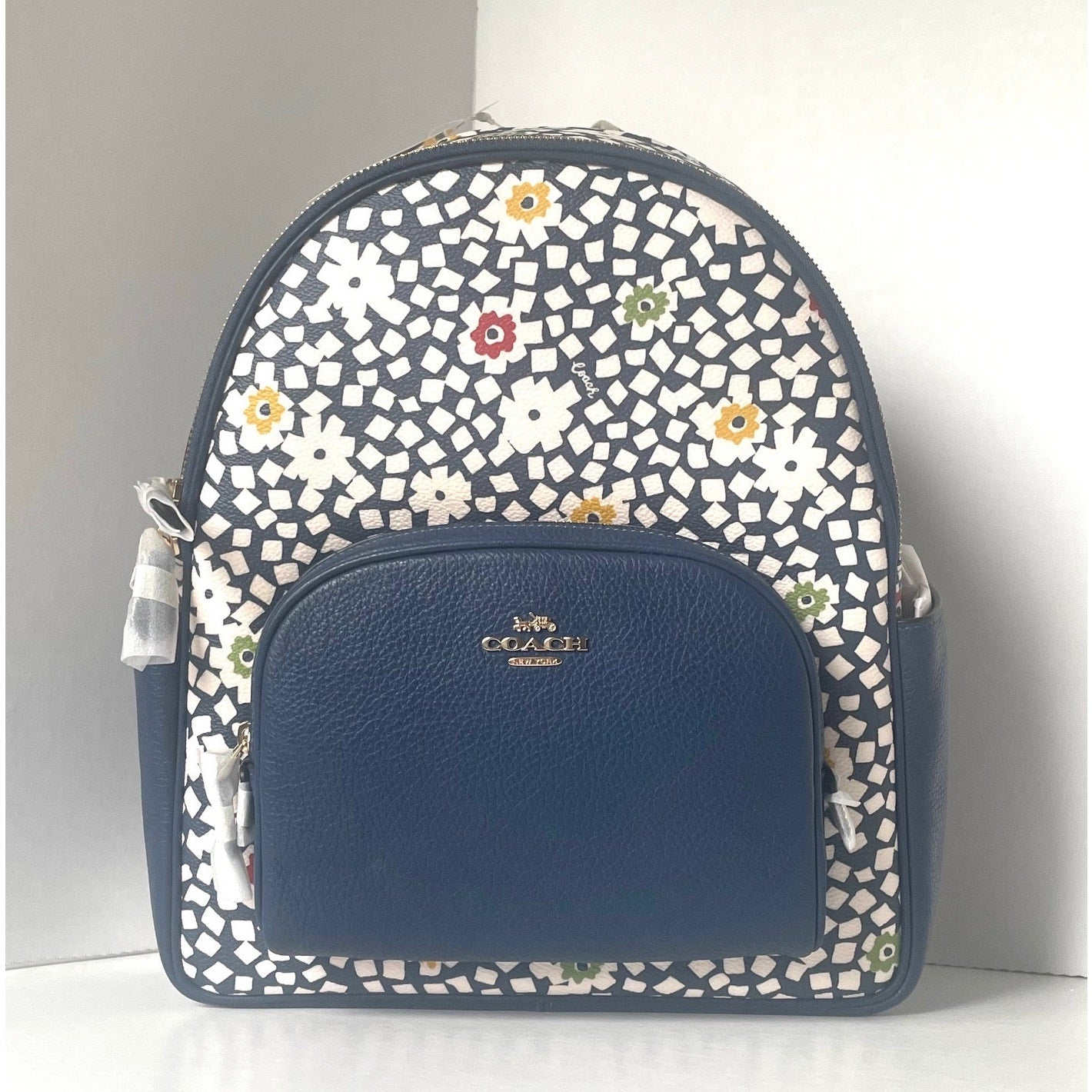 coach blue leather backpack Coach Court Floral Large Backpack Blue Leather School Office Bag CBM23