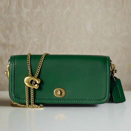 Coach green small leather handbag with gold chain and clasp on a white background