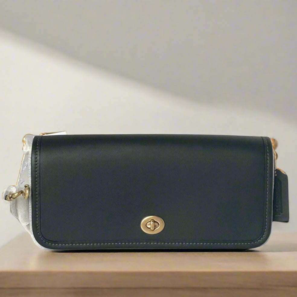 Coach Dinky Black Leather Shoulder Bag Gold Chain Strap CW641 Original