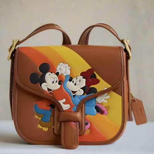 Coach Disney Courier Bag Roller Skating Mickey Minnie Mouse Brown Leather CQ801