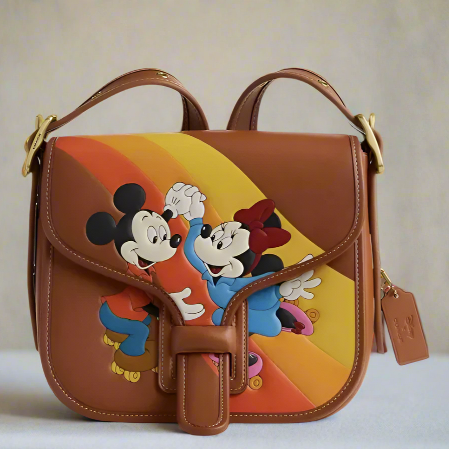 Coach Disney Courier Bag Roller Skating Mickey Minnie Mouse Brown Leather CQ801