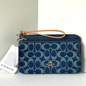 Coach Double Zip Phone Wallet Blue Signature Denim CZ321 Wristlet Leather