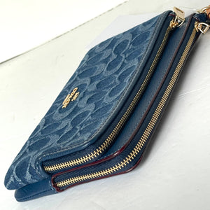 Coach Double Zip Phone Wallet Blue Signature Denim CZ321 Wristlet Leather