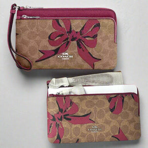 Coach Double Zip Phone Wallet Red Bow Print Signature Canvas Wristlet CAA84