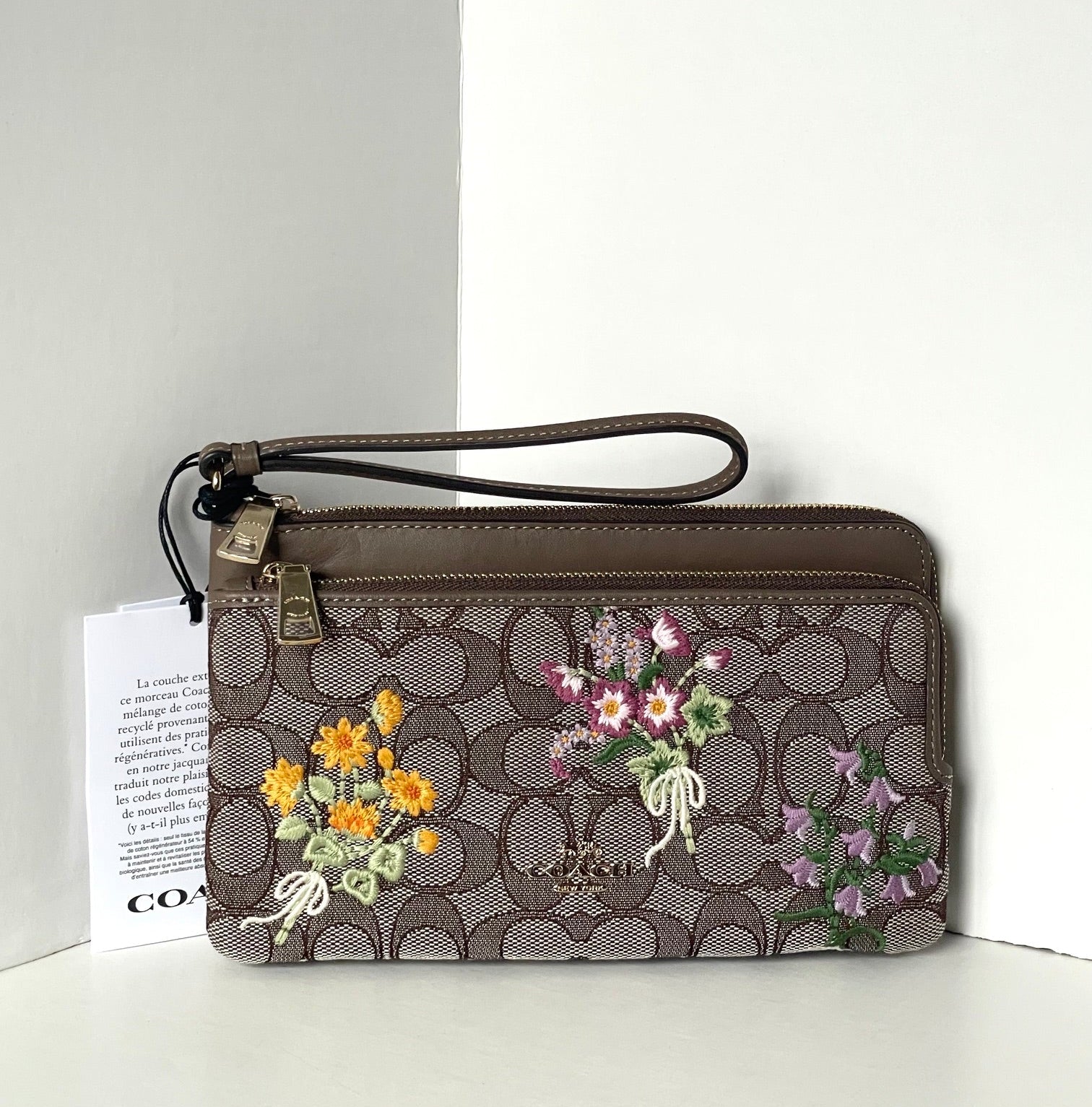 Coach Double Zip Wristlet Signature Jacquard Leather Floral 