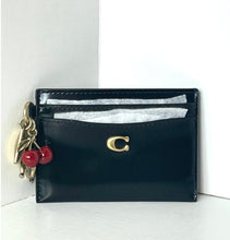 Load image into Gallery viewer, Coach Essential Card Case Black Spazzolato Leather Rexy Cherry Charm CCD81