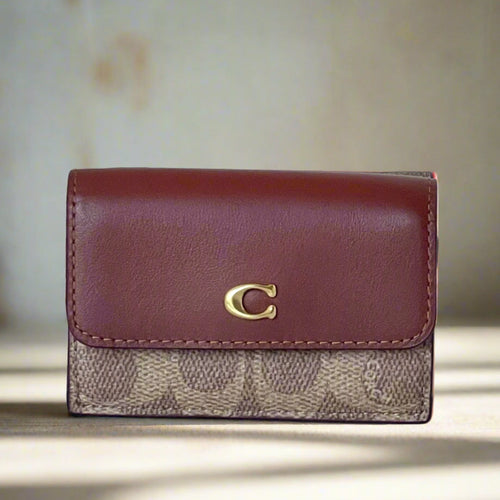 Coach Essential Mini Trifold Wallet Brown Signature Canvas CM438 Rust ORGPKG
