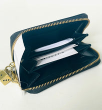 Load image into Gallery viewer, Blue wallet with gold zipper and charm on a white background