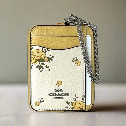 Coach Floral Zip Card Case CAU44 ID Wallet Yellow Leather Chain Strap ORGPKG